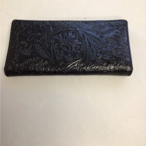 Embossed Floral Leather Wallet - Black